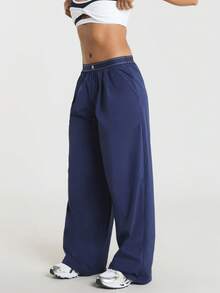 11SKNDS Wide Leg Woven Pants With Elastic Waistband Flowy Relaxed Fit Trousers With Logo Detail Pull-On Style Casual Athleisure Gym Navy Blue Summer - Blue - View 1