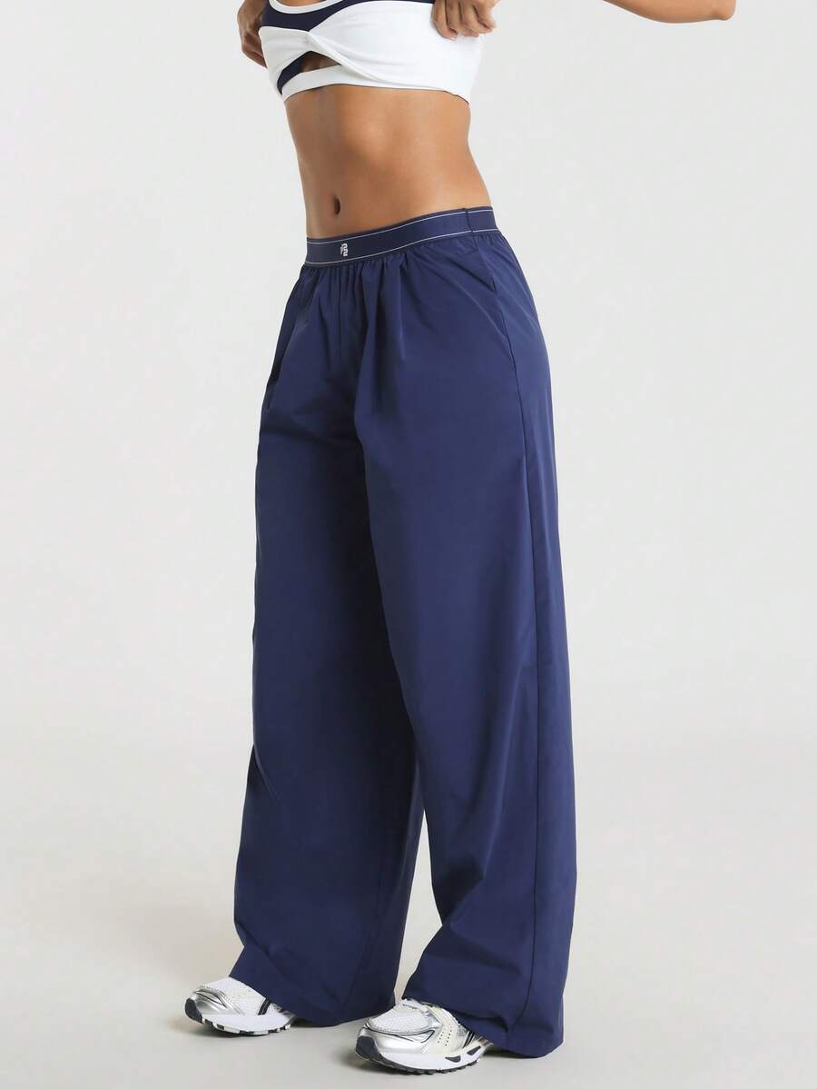 11SKNDS Wide Leg Woven Pants With Elastic Waistband Flowy Relaxed Fit Trousers With Logo Detail Pull-On Style Casual Athleisure Gym Navy Blue Summer - Blue - View 1