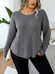Elenzga Plus Size Women's Solid Color Crew Neck Long Sleeve Casual Pullover Sweater - Dark Grey - View 5