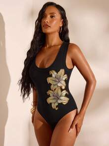 Opulessa Solid Color Knit Fitted Women's One-Piece Bodysuit For Vacation - Black - View 5