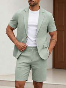 Manfinity Bizformal Men's Sage Green Summer Short-Sleeved Suit Blazer & Suit Shorts,Smart Casual Vacation Daily Business Parties,Casual Fashion Commuter,Formal,Ceremony - Green - View 6