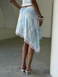 Aloruh Asymmetrical Satin Lace Patchwork Skirt - Coffee Brown - View 2