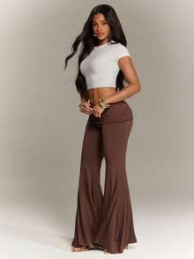 Denimoi Fold Over Waist Flare Pants Summer Outfits Euro Summer Vacation Fashion Bottoms Fashion Pants - Brown - View 5