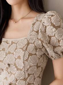 DAZY 女款提花方領短花瓣袖優雅襯衫 夏季 - 杏色 - 查看 6