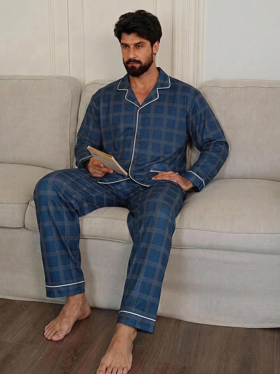 DAZY Men's Long Sleeve Navy Blue Plaid Fabric Shirt And Pants Lounge Wear Set - Multicolor - View 1