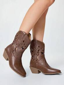 ROMWE Fairycore Women's Brown Western Style Boots, Pointed Toe V-Cut Thick Heel Embroidered Boots, Low Heel Wooden Sole Shoes, Zipper Riding Boots And Ankle Boots Spring Collection - Brown + Hollow - View 1