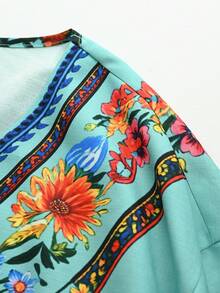 Linhara CURVE Kemeja Kasual Liburan Musim Gugur Lengan Panjang Leher V Ukuran Besar dengan Motif Bordir Imitasi - Hijau - View 7