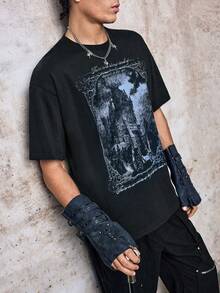 Skyrend 男士休閒標語印花圓領短袖T恤，夏季百搭哥德龐克街頭風Emo男孩圖案男款T恤 - 黑色 - 查看 7