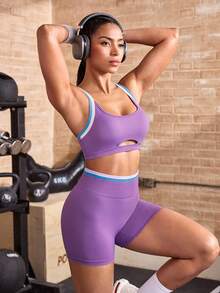 Powerista Women's Colorblock Trim Tank Top And Shorts Sports Set - Purple - View 7