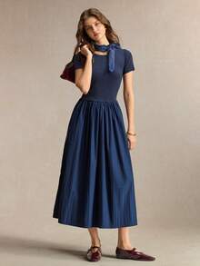 BizChic Women's Navy Blue Knit Ribbed Patchwork Sweater Dress With Side Pockets French Style Elegant Office Brunch Work Commute Business Halloween Autumn - Navy Blue - View 4