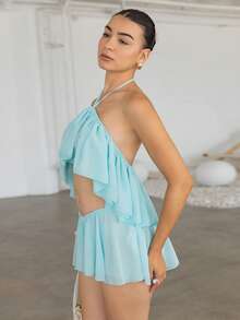 Andrea Bello 女款青藍色雪紡兩件套，掛脖露背上衣，不對稱下擺，夏季休閒沙灘度假度假村穿著，優雅 - 水鴨藍 - 查看 5