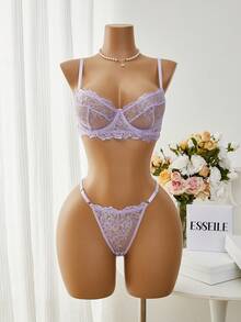 Esselle 2件套玫瑰红蕾丝拼接内衣套装，成熟性感 - 淡紫色 - 查看 1
