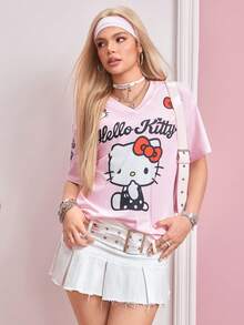 HELLO KITTY AND FRIENDS | SHEIN 女款字母卡通印花V領短袖休閒T恤 - 淺粉色 - 查看 5