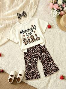 (Patrón aleatorio, 1 set aleatorio) Camiseta corta básica y pantalones acampanados con estampado de leopardo, letras, corazón, lazo, conejo de dibujos animados, flores y rayas para niñas - Multicolor - Ver 3