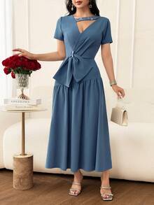 Feyla Gaun Liburan Wanita Lengan Pendek Berlipit dengan Detail Rhinestone - Biru - View 4
