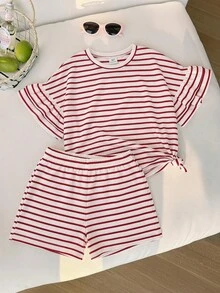 SHEIN 少女夏季休闲条纹荷叶边T恤和短裤套装 - 紅色 - 查看 7