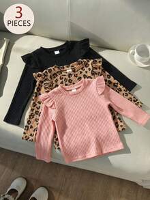 SHEIN 3件組女童幼兒秋冬時尚嬰兒粉色＋經典純黑色荷葉袖圓領長袖打底T恤返校上衣 - 彩色 - 查看 6