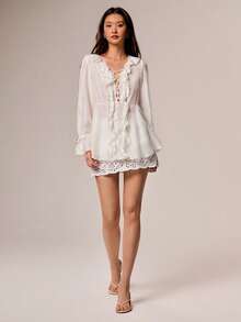 Willow Rêve 女款米白色浪漫荷葉邊綁帶襯衫，度假風，情人節，波希米亞風，適合約會早午餐、野餐、秋季 - 杏色 - 查看 6