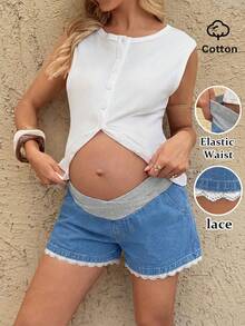 SHEIN Shorts de mezclilla casuales de maternidad con bloques de color y cintura asimétrica - Azul - Ver 1