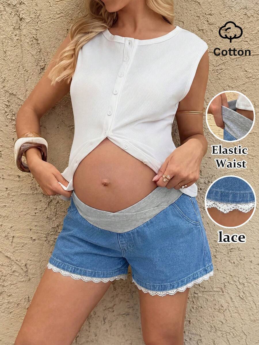 SHEIN Shorts de mezclilla casuales de maternidad con bloques de color y cintura asimétrica - Azul - Ver 1