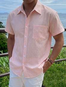 DAZY Men's Pink Striped Short Sleeve Shirt, Summer - Multicolor - View 6