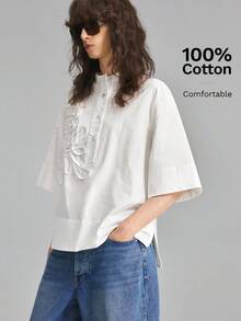 Ontre 2026秋季白色花卉長袖刺繡女式襯衫，極簡端莊優雅，適合辦公室、教師節、海灘穿著、婚禮賓客與派對上衣 - 白色 - 查看 5