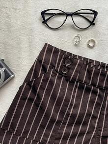 Attitoon Women's Striped Casual Versatile Daily Wear Shorts - Coffee Brown - View 3
