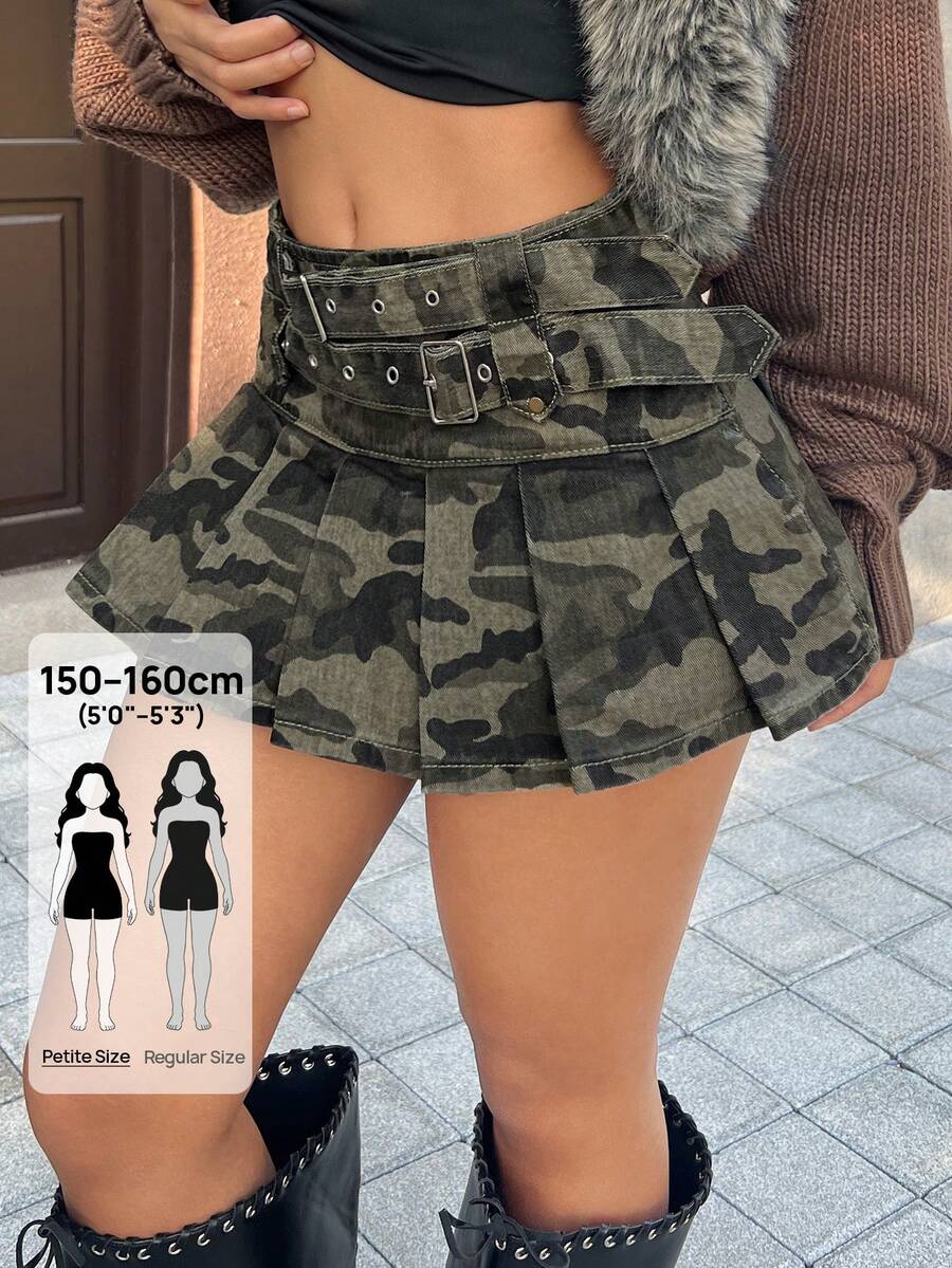 SHEIN PETITE 女款迷彩印花百褶牛仔迷你裙，腰部扣環設計，適合嬌小女性 - 彩色 - 查看 1