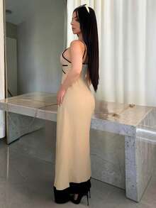 Vassilux 女款度假對比色性感細肩帶洋裝，夏季優雅女裝 - 杏色 - 查看 5