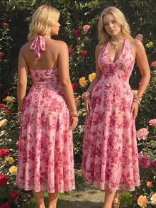 SHEIN MOD Plus Size Pink Floral Halter Midi Dress,Summer 1920s Flapper Tea Party Dress,Elegant Wedding Guest Cocktail Prom Birthday Formal Fairy Boho Sundress - Pink - View 4