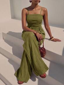 Zivah Women Olive Green Summer Casual Vacation Holiday Jumpsuit, Spaghetti Strap Front Ruched Real Pockets Loose Wide Leg Pants, Vertical Texture Fabric - Army Green - View 1