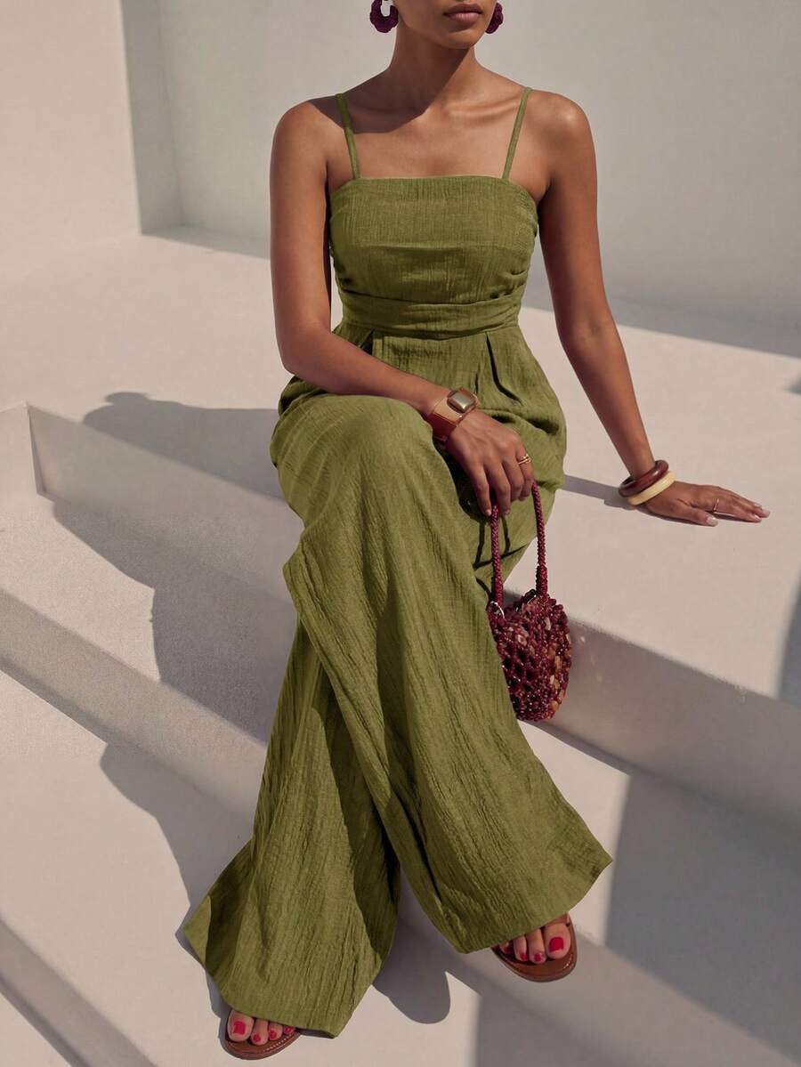 Zivah Women Olive Green Summer Casual Vacation Holiday Jumpsuit, Spaghetti Strap Front Ruched Real Pockets Loose Wide Leg Pants, Vertical Texture Fabric - Army Green - View 1