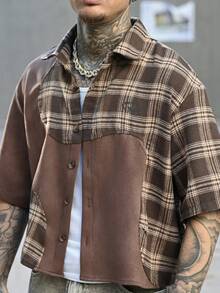 Devon Thys 男士格子拼接短袖单排扣休闲宽松衬衫 - 咖啡棕 - 查看 6
