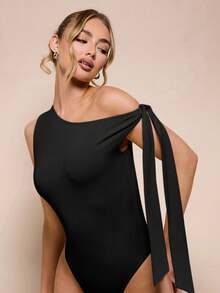 SHEIN BAE Nữ Màu Trơn Cổ Bất Đối Xứng Xoắn Chi Tiết Không Tay Toàn Thân Cho Hoặc Ngày Lễ, Mai - màu đen - Xem 5