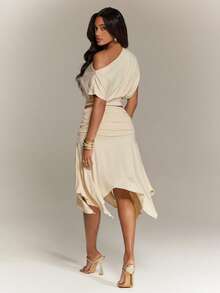 Denimoi 2 Pieces Set Asymmetrical Skirt And Off Shoulder Top Matching Set Vacation Outfits Brunch Summer - Apricot - View 2
