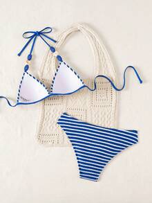 Swim Lushoire Swim Vcay-D 女款純色細肩帶串珠裝飾綁背三角比基尼套裝 - 藍色 - 查看 2