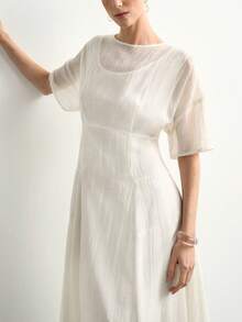 Aalyst Women's Round Neck Short Sleeve Sheer Elegant Cinched Waist A-Line Long Dress For Dating, Party, Outdoor, Sweet Commute - White - View 5