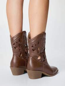 ROMWE Fairycore Women's Brown Western Style Boots, Pointed Toe V-Cut Thick Heel Embroidered Boots, Low Heel Wooden Sole Shoes, Zipper Riding Boots And Ankle Boots Spring Collection - Brown + Hollow - View 5
