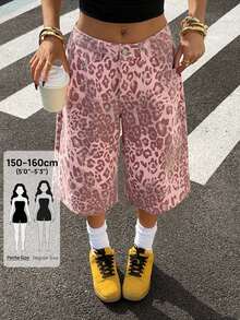 Jeanoix Petite Women's Leopard Print Button Pocket Casual Y2k Versatile Everyday Denim Capris Going Out Pink Summer - Pink - View 1