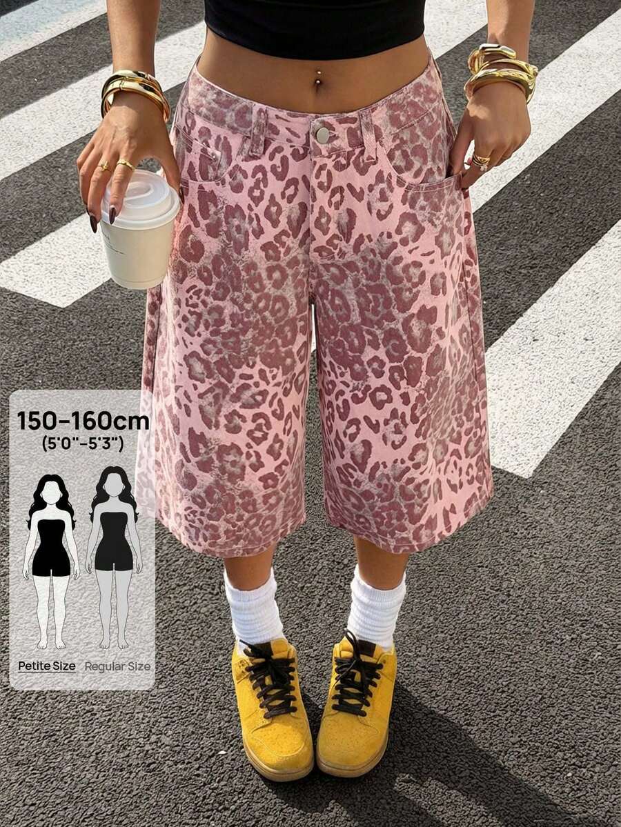 Jeanoix Petite Women's Leopard Print Button Pocket Casual Y2k Versatile Everyday Denim Capris Going Out Pink Summer - Pink - View 1