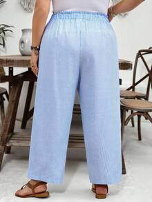 SHEIN CURVE+ Curve Size US22音樂節、海邊度假、波希米亞休閒純色寬鬆長褲，夏季/鄉村/海灘度假穿搭/海灘穿搭/海灘服飾 - 藍白色 - 查看 2