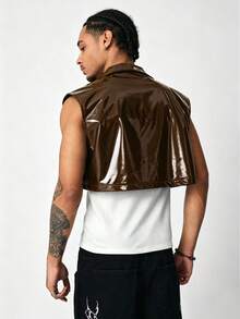 ROMWE MEN Street Life Men's Street Fashion Pocket Button Cropped Vest Jacket - Brown - View 3