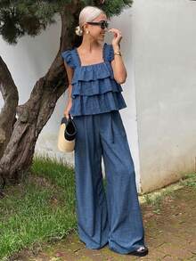 Livesso Tall Women's Ruffle Tank Top And Loose Long Pants Vacation Style Two Pieces Set Summer - Blue - View 8