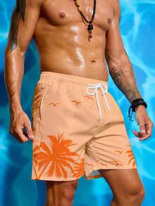 Manfinity KASUA Men's Palm Tree Print Drawstring Waist Beach Shorts - Orange - View 3