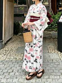 Irokai 日式女款傳統印花浴衣和服，適合夏季祭典 - 淺粉色 - 查看 1