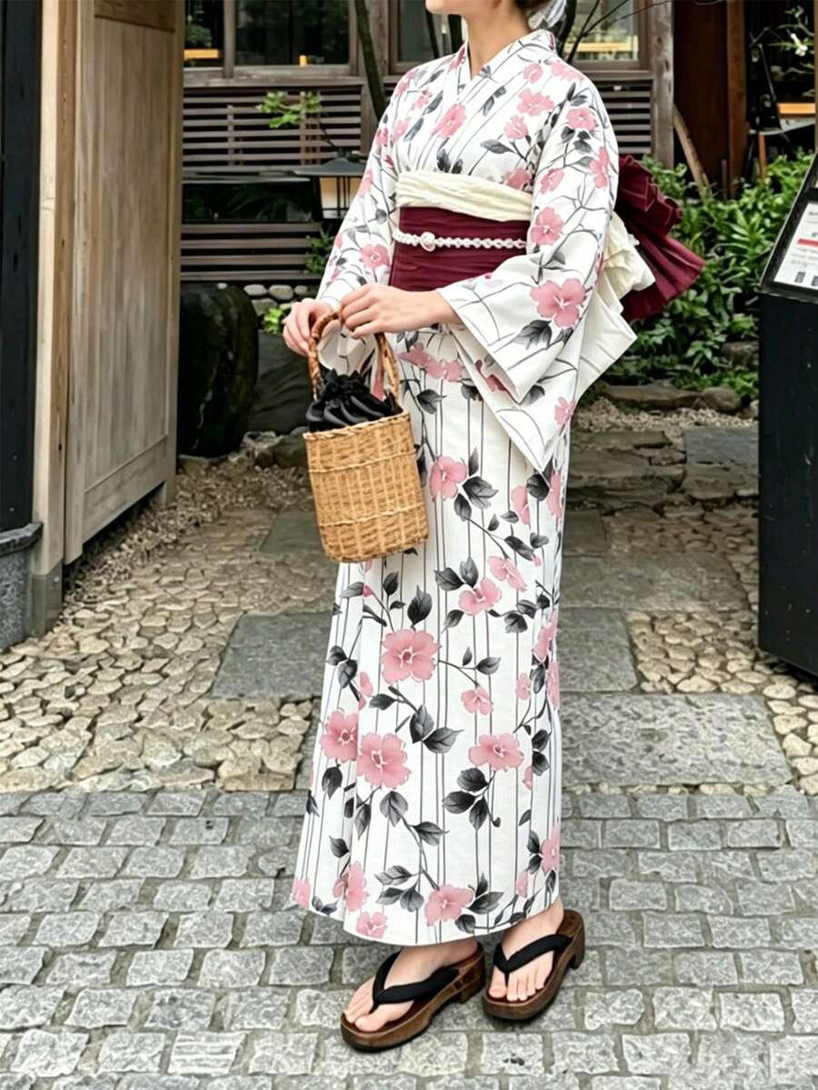 Irokai 日式女款傳統印花浴衣和服,適合夏季祭典 - 淺粉色 - 查看 1