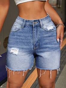 SHEIN PETITE Women's Casual Distressed Denim Shorts, Summer ,Petite Women - Medium Wash - View 3
