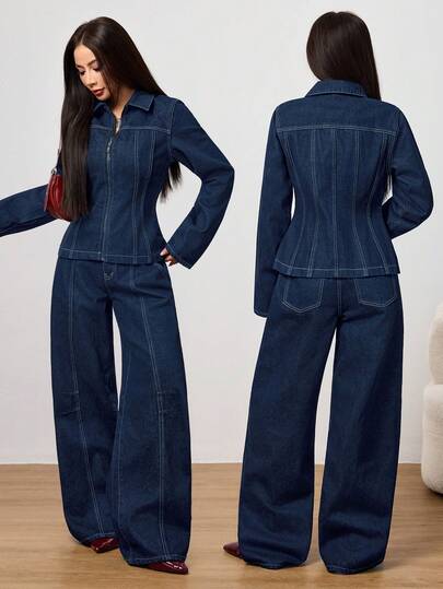 SHEIN PETITE Women's Long Sleeve Top & Wide Leg Jeans Set