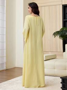 Yasmyna Cross Halter V-Neck Hollow-Out Burnout Long Sleeve Loose Textured Women's Dress - Yellow - View 3