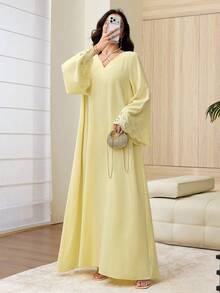 Yasmyna Cross Halter V-Neck Hollow-Out Burnout Long Sleeve Loose Textured Women's Dress - Yellow - View 5